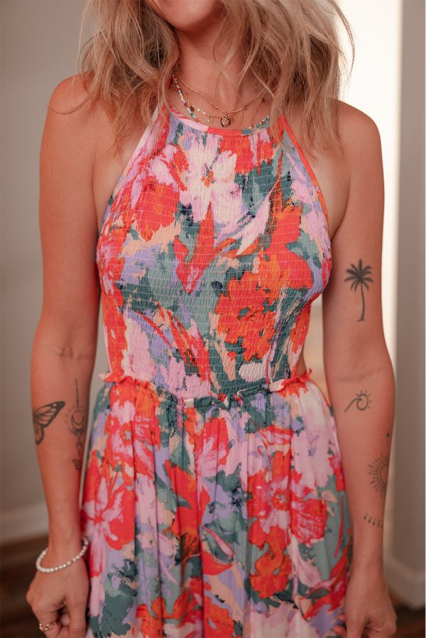 Multicolour Floral Print Smocked Halter Neck Sleeveless Wide Leg Jumpsuit - Image 4