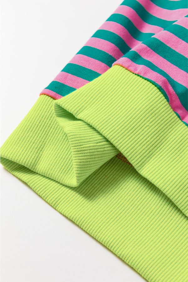 Green Stripe Oversized Contrast Trim Pullover Sweatshirt - Image 8