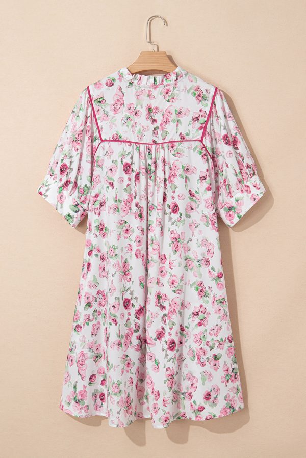 Pink Floral Split Neck Short Sleeve Loose Plus Size Mini Dress - Image 4