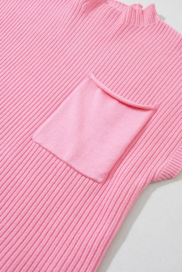 Pink Patch Pocket Ribbed Knit Short Sleeve Sweater - Image 6