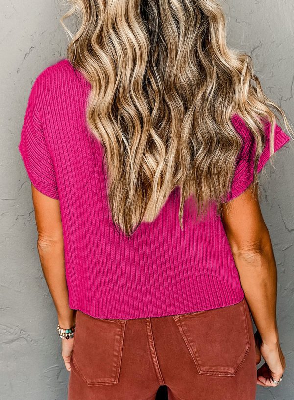 Pink Patch Pocket Ribbed Knit Short Sleeve Sweater - Image 30
