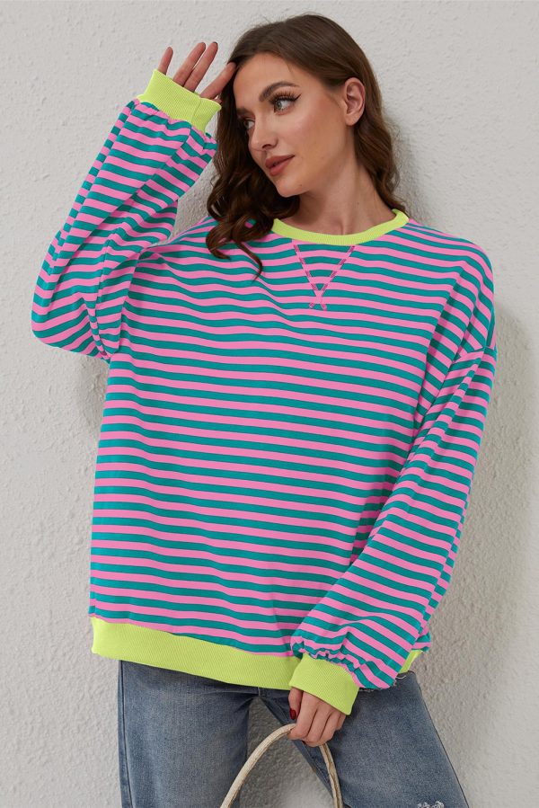 Green Stripe Oversized Contrast Trim Pullover Sweatshirt - Image 6