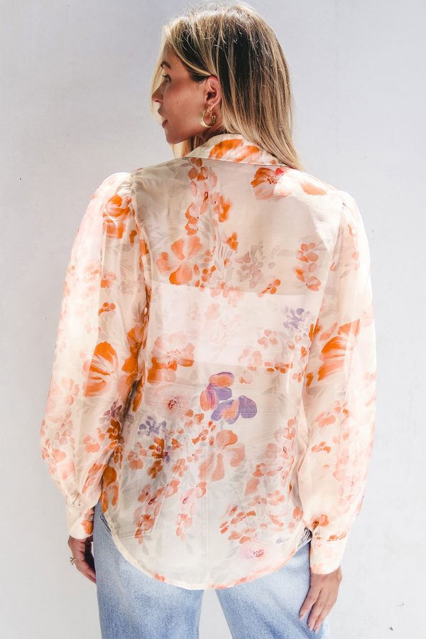 White Floral Print Collared Balloon Sleeve Loose Shirt - Image 2