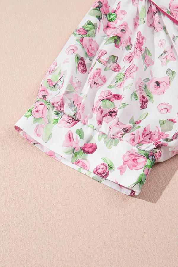 Pink Floral Split Neck Short Sleeve Loose Plus Size Mini Dress - Image 6