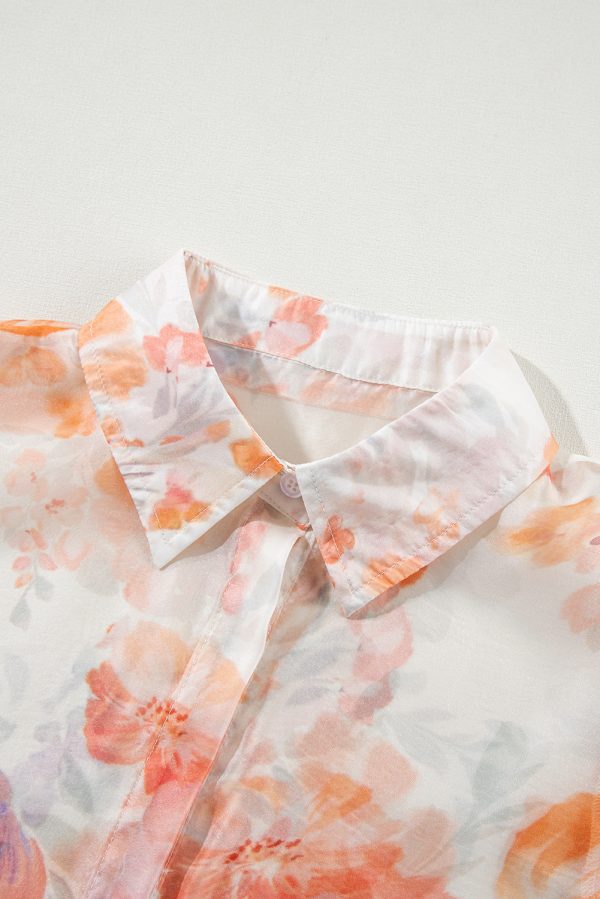 White Floral Print Collared Balloon Sleeve Loose Shirt - Image 8