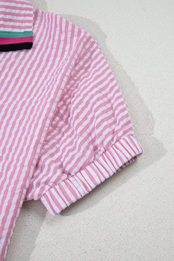 Sachet Pink Striped Print Contrast Split Neck Dolman Sleeve Blouse - Image 5