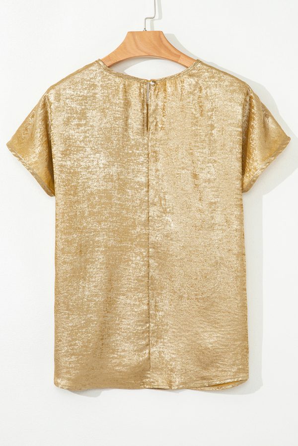 Gold Glossy Round Neck Pleated Detail Short Sleeve Blouse - Image 6