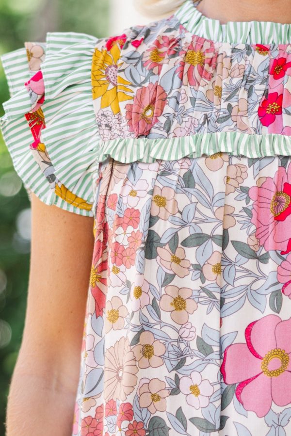 Pink Floral Print Contrast Ruffle Trim Short Sleeve Blouse - Image 5