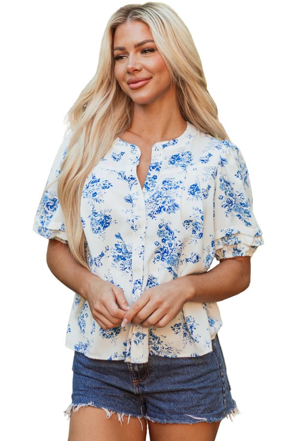 Sky Blue Floral Tiered Puff Short Sleeve Pleated Bust Buttoned Casual Shirt - Image 18
