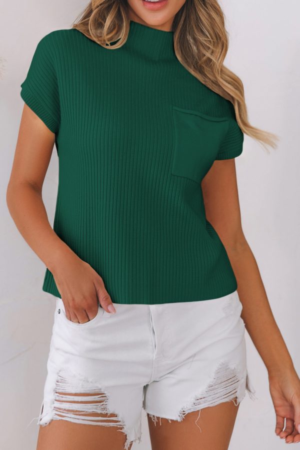 Pink Patch Pocket Ribbed Knit Short Sleeve Sweater - Image 25