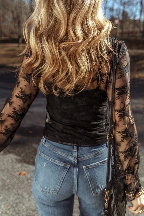 Black Lace Mesh Crochet Splicing Slim Fit Long Sleeve Blouse - Image 2