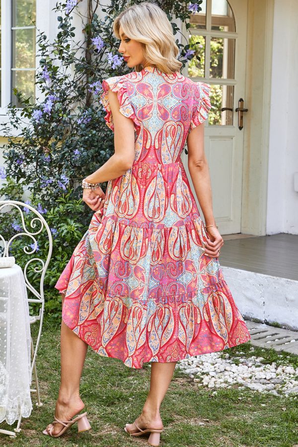 Rose Tribal Paisley Print Ruffled Sleeve Notch Neck Midi Dress - Image 2