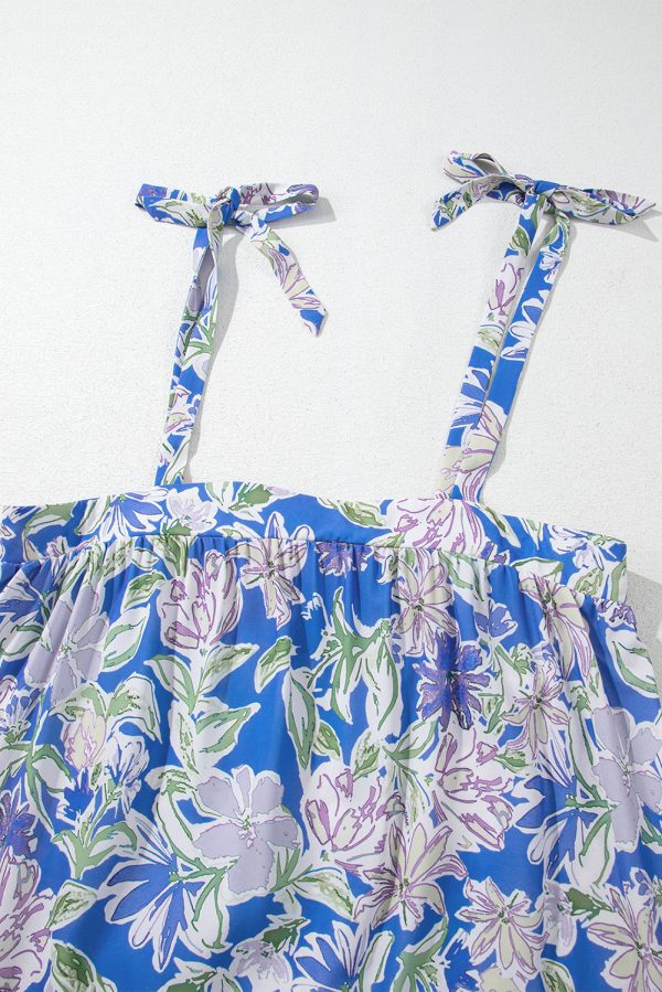 Sky Blue Floral Print Self-tie Straps Flowy Ruffle Long Dress - Image 8