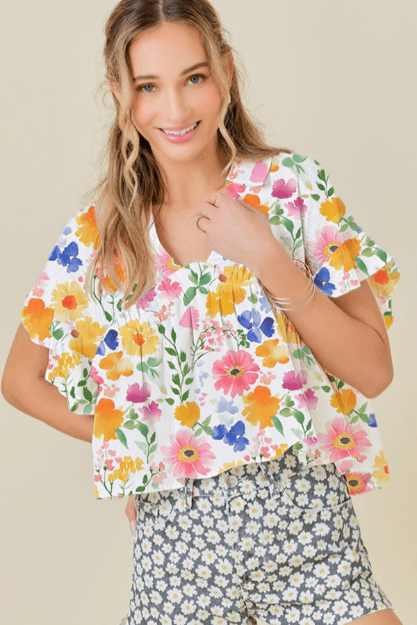 Pink Floral Boxy Fit Ruffled Short Sleeve V Neck Blouse - Image 16