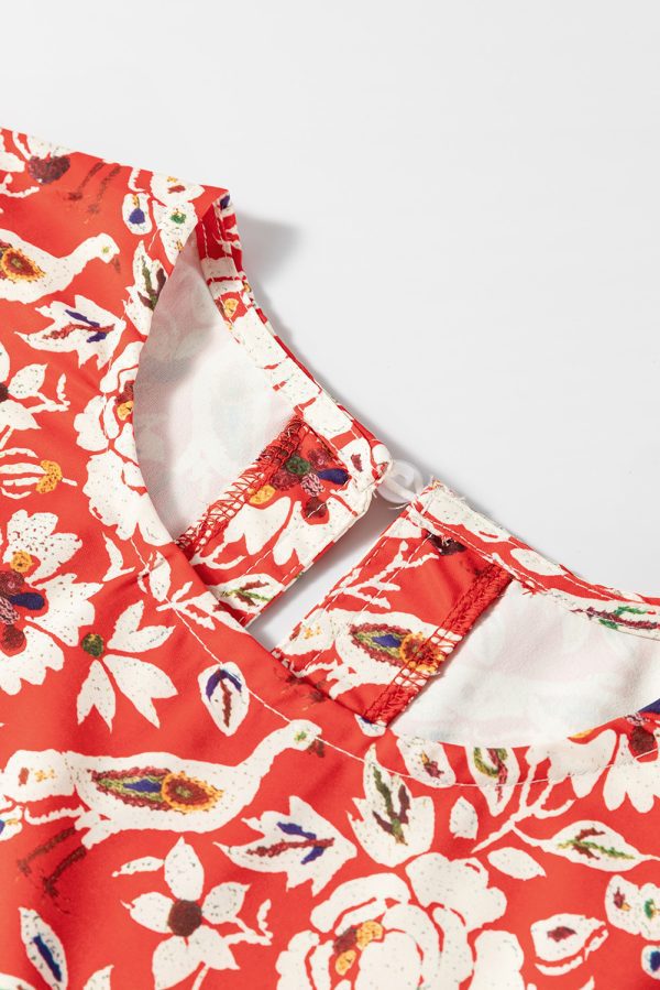Red Colorful Floral Patchwork Long Sleeve Pleated Mini Dress - Image 7