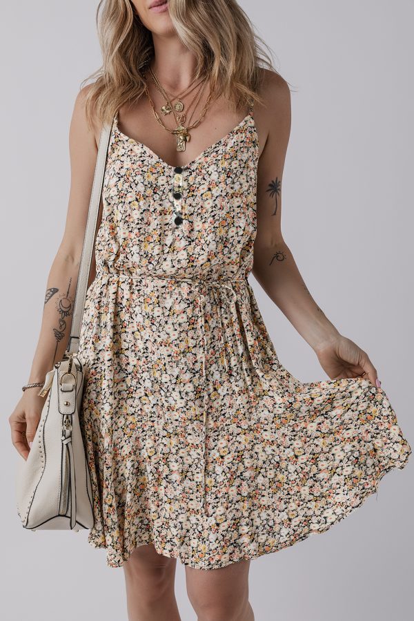 Khaki Boho Floral Printed Tie Waist Flared Sundress - Image 5