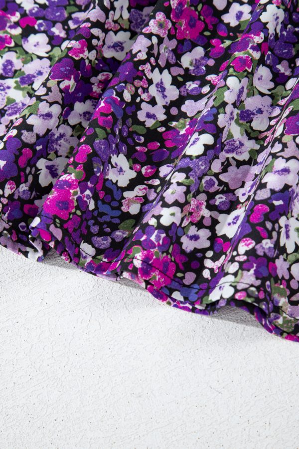 Purple Boho Flower Split V Neck Bubble Sleeve Blouse - Image 7