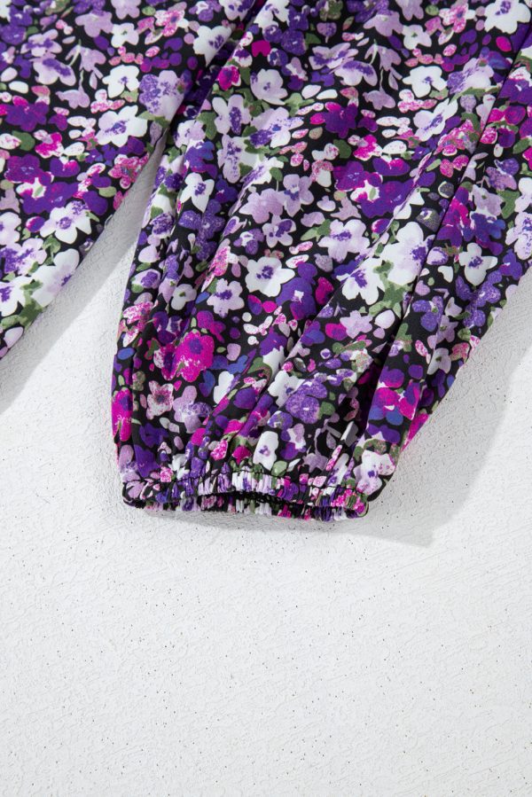 Purple Boho Flower Split V Neck Bubble Sleeve Blouse - Image 5