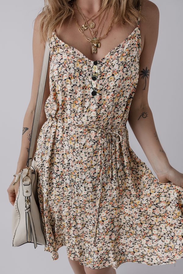 Khaki Boho Floral Printed Tie Waist Flared Sundress - Image 4