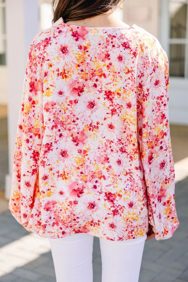 Pink Ditsy Floral Bubble Sleeve V Neck Blouse - Image 2