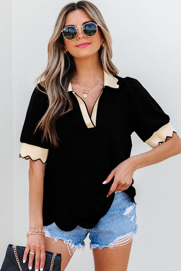 Black Color Contrast Collared V Neck Puff Sleeve Blouse - Image 9