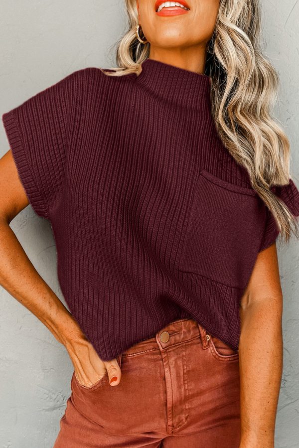 Pink Patch Pocket Ribbed Knit Short Sleeve Sweater - Image 20