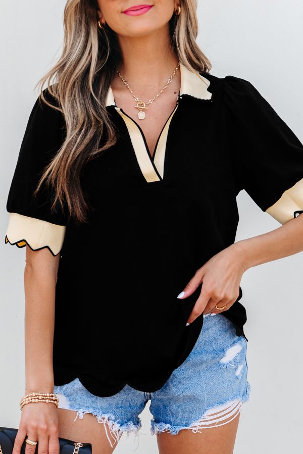 Black Color Contrast Collared V Neck Puff Sleeve Blouse - Image 13