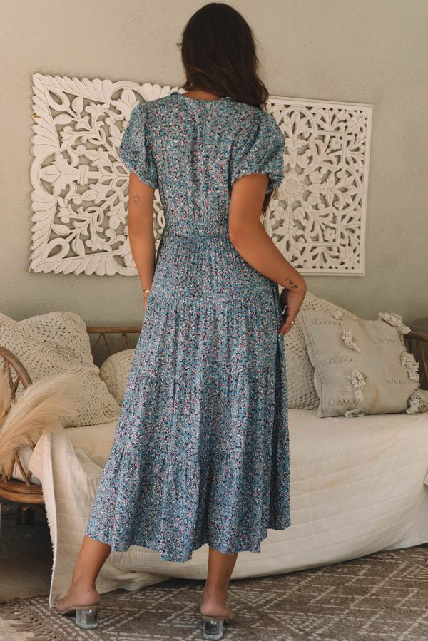 Blue Printed V Neck Shirred Short Puff Sleeve Maxi Dress - Image 2