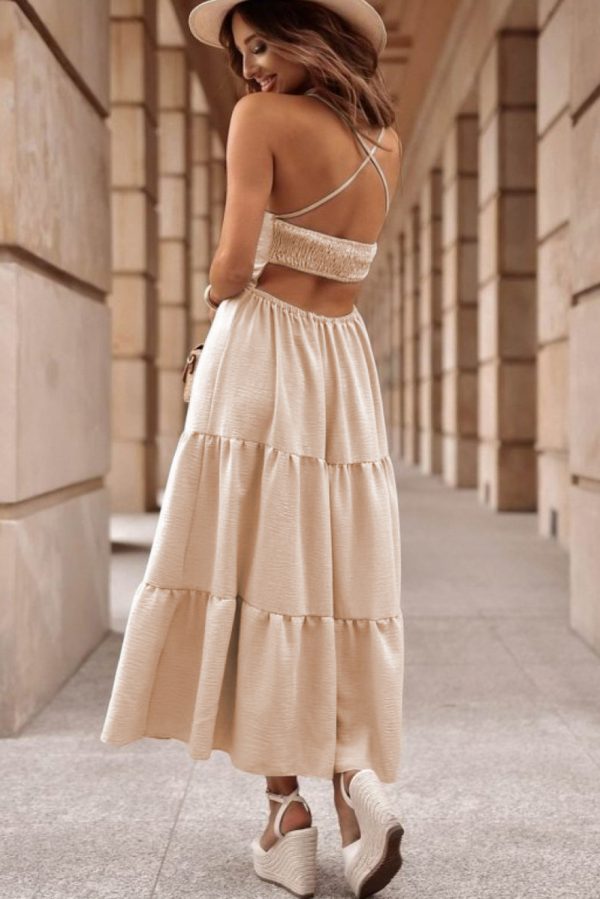 Oatmeal Crossover Backless Bodice Tiered Maxi Dress - Image 2