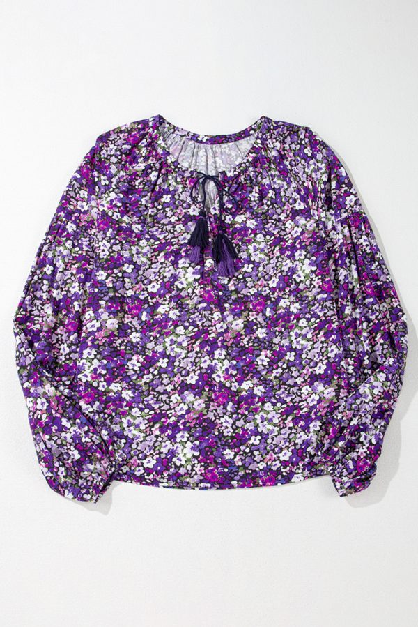 Purple Boho Flower Split V Neck Bubble Sleeve Blouse - Image 4