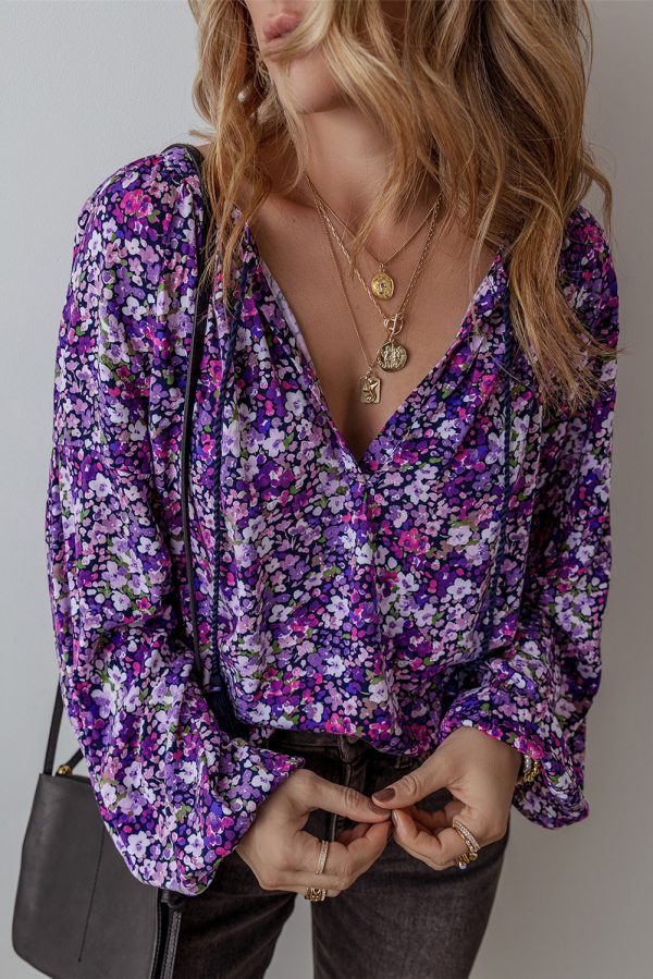 Purple Boho Flower Split V Neck Bubble Sleeve Blouse - Image 3