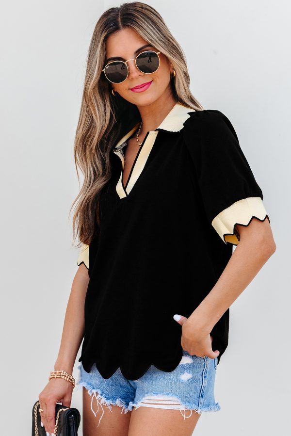 Black Color Contrast Collared V Neck Puff Sleeve Blouse - Image 11