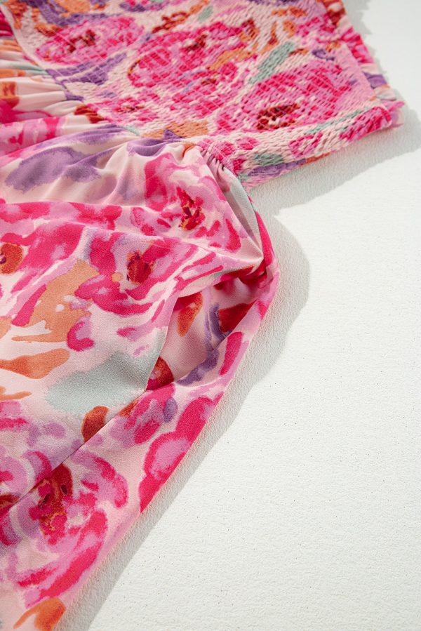Pink Abstract Floral Print Shirred One Shoulder Maxi Dress - Image 8