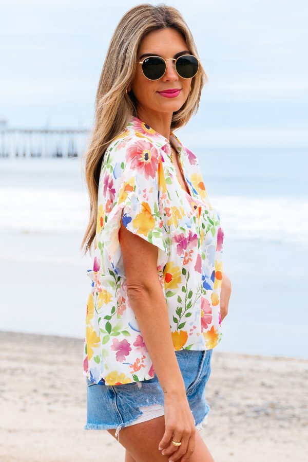 Pink Floral Boxy Fit Ruffled Short Sleeve V Neck Blouse - Image 14