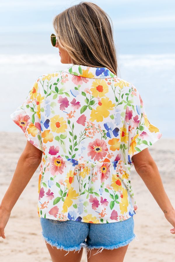 Pink Floral Boxy Fit Ruffled Short Sleeve V Neck Blouse - Image 13