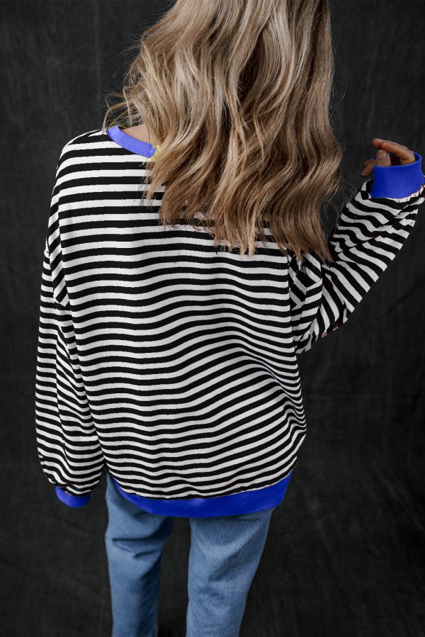 Green Stripe Oversized Contrast Trim Pullover Sweatshirt - Image 10