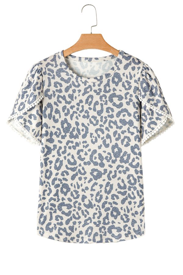 Beige Leopard Round Neck Lace Trim Petal Sleeve T Shirt - Image 18