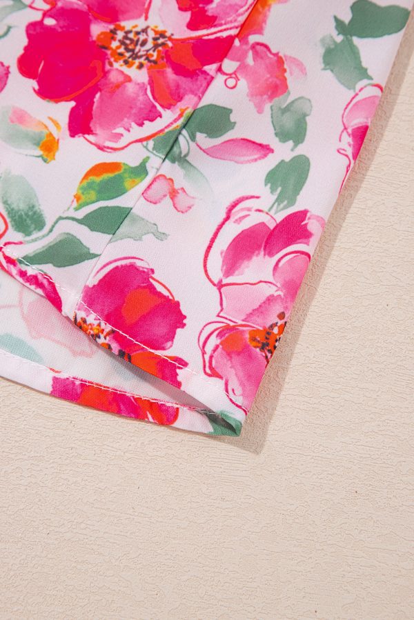 Pink Floral Boxy Fit Ruffled Short Sleeve V Neck Blouse - Image 10
