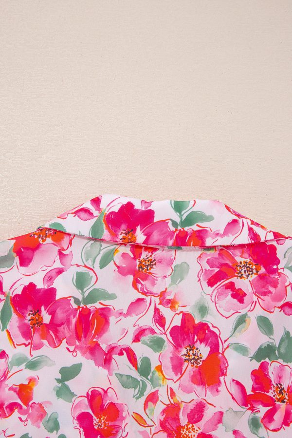 Pink Floral Boxy Fit Ruffled Short Sleeve V Neck Blouse - Image 8