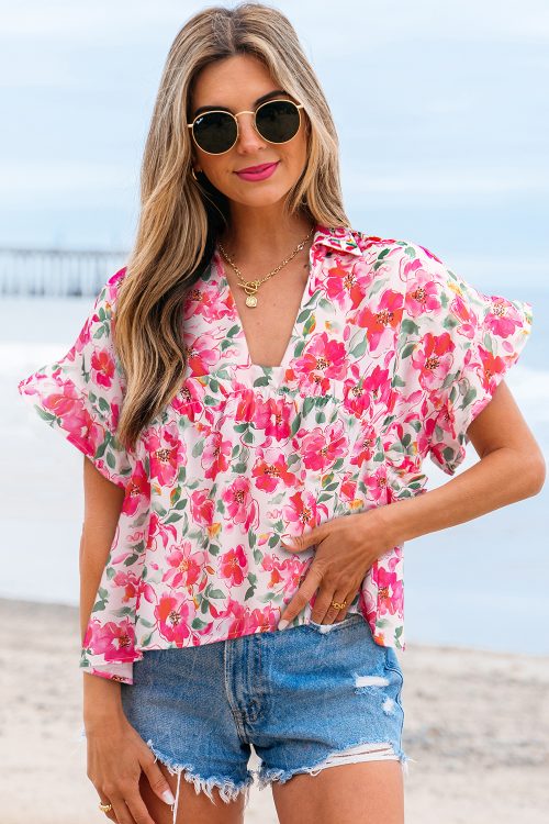 Pink Floral Boxy Fit Ruffled Short Sleeve V Neck Blouse