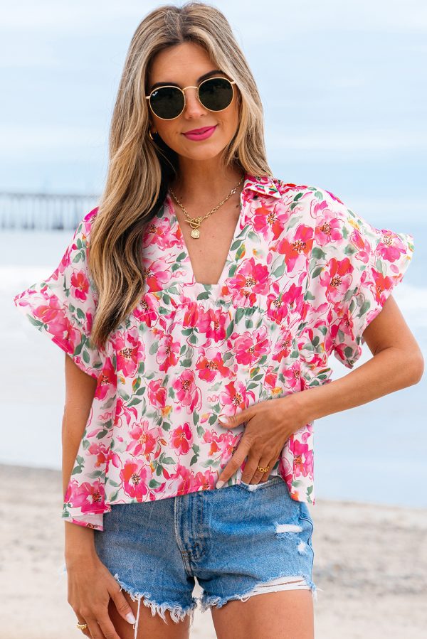 Pink Floral Boxy Fit Ruffled Short Sleeve V Neck Blouse