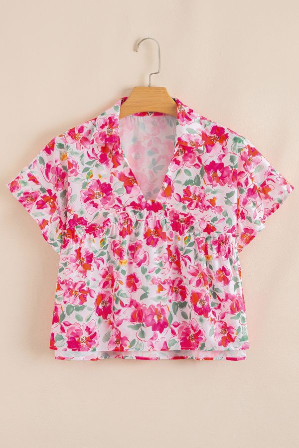 Pink Floral Boxy Fit Ruffled Short Sleeve V Neck Blouse - Image 5