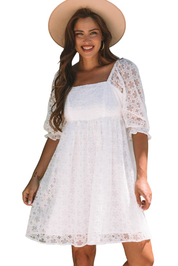 White Floral Lace Puff Sleeve Empire Waist Mini Dress - Image 18