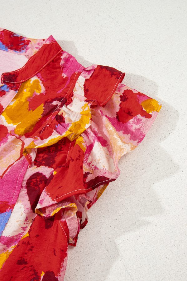 Red Abstract Print Split V Neck Ruffle Short Sleeve Blouse - Image 12