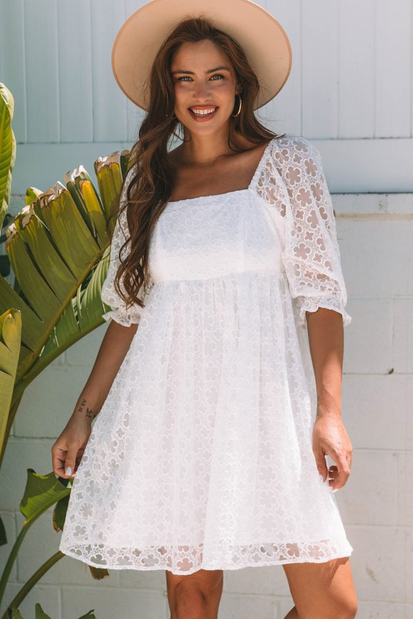 White Floral Lace Puff Sleeve Empire Waist Mini Dress - Image 11