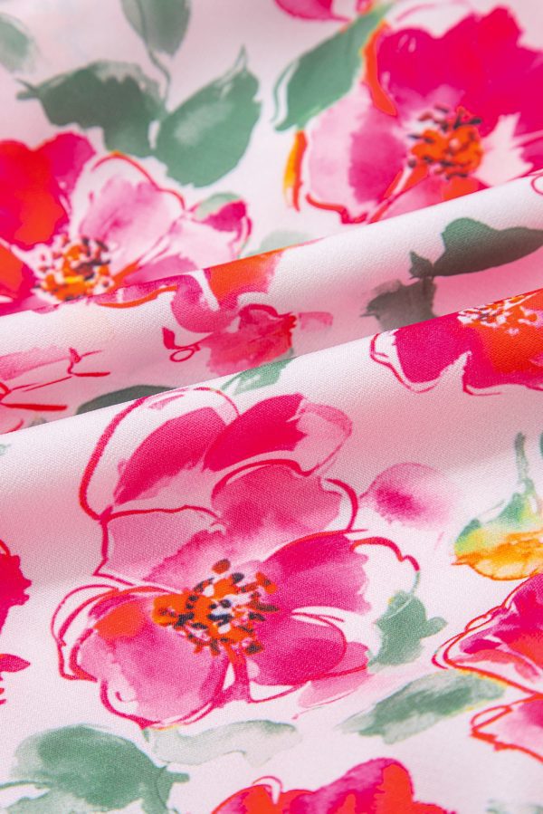 Pink Floral Boxy Fit Ruffled Short Sleeve V Neck Blouse - Image 11