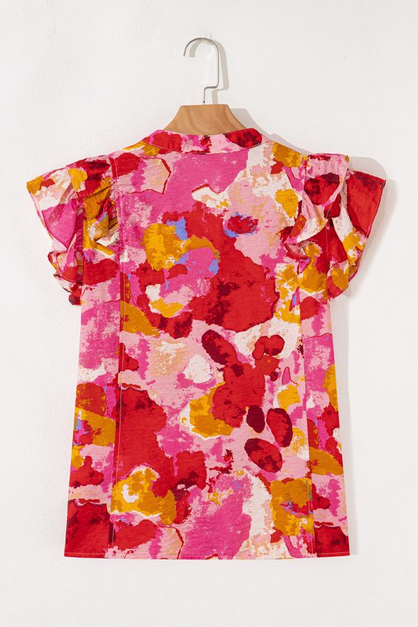 Red Abstract Print Split V Neck Ruffle Short Sleeve Blouse - Image 9