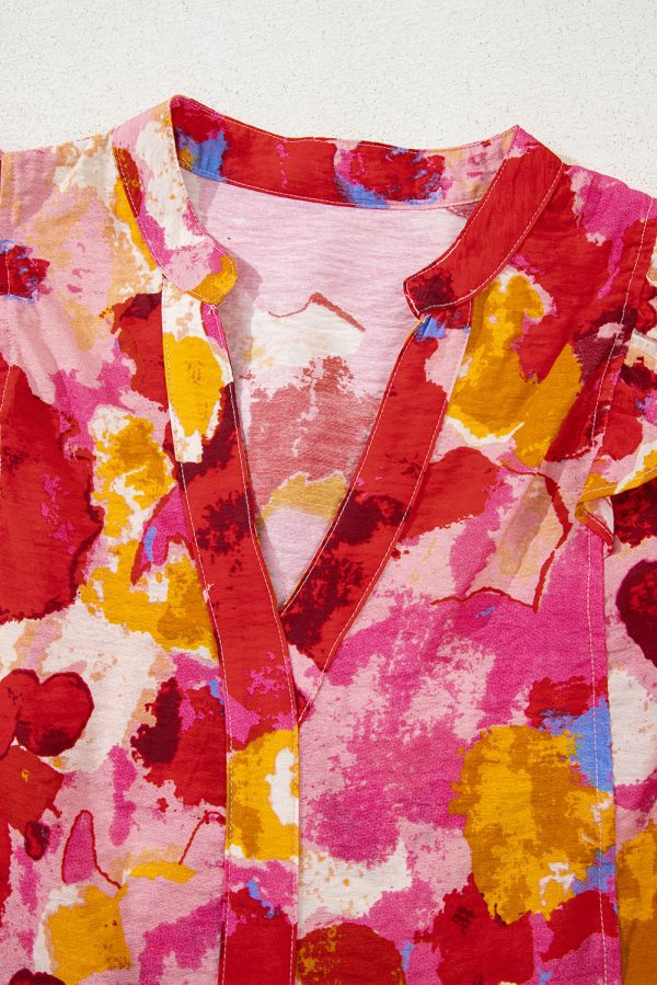 Red Abstract Print Split V Neck Ruffle Short Sleeve Blouse - Image 10