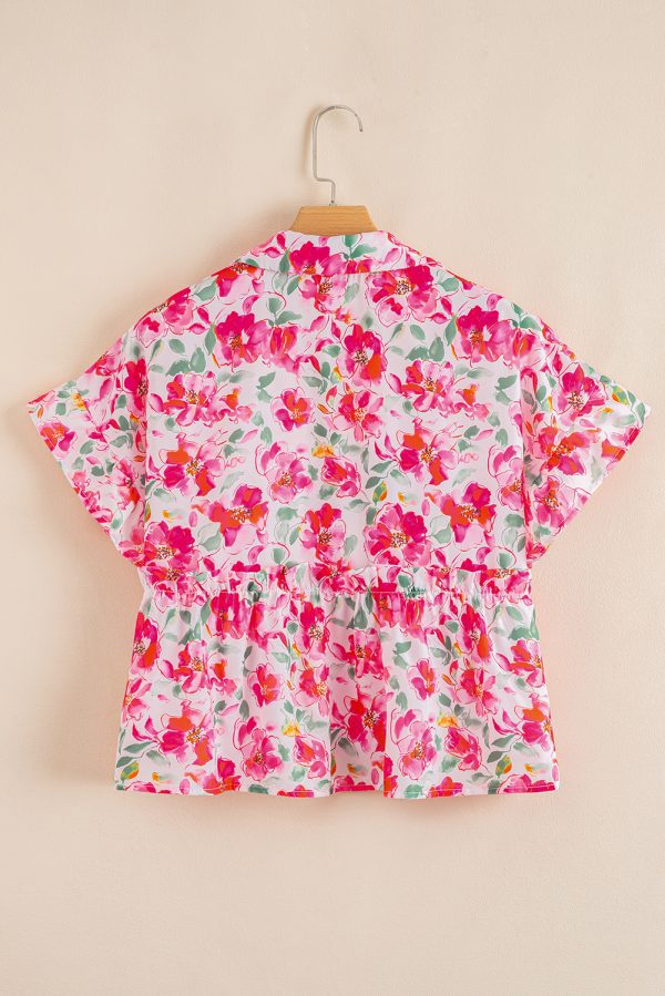 Pink Floral Boxy Fit Ruffled Short Sleeve V Neck Blouse - Image 6