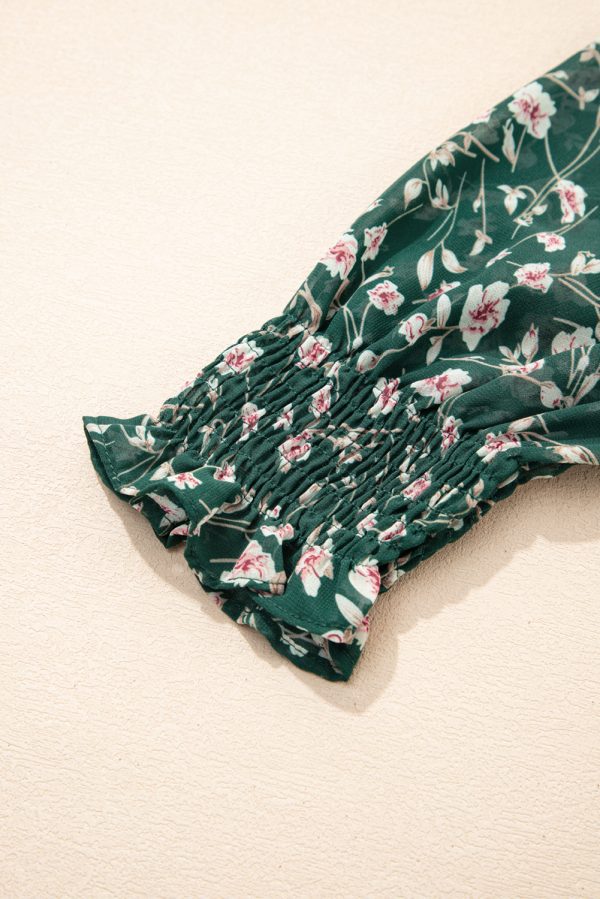 Green Smocked Square Neck Puff Short Sleeve Floral Dress - Image 10